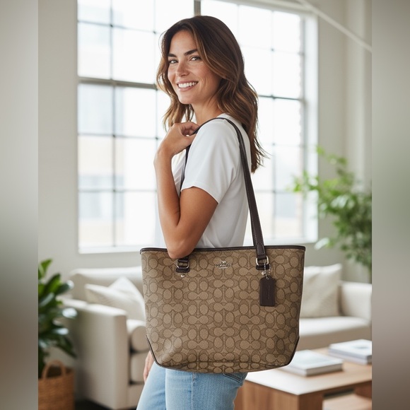 Coach Beige/Brown Signature Canvas and Leather Trim Tote - Picture 1 of 8